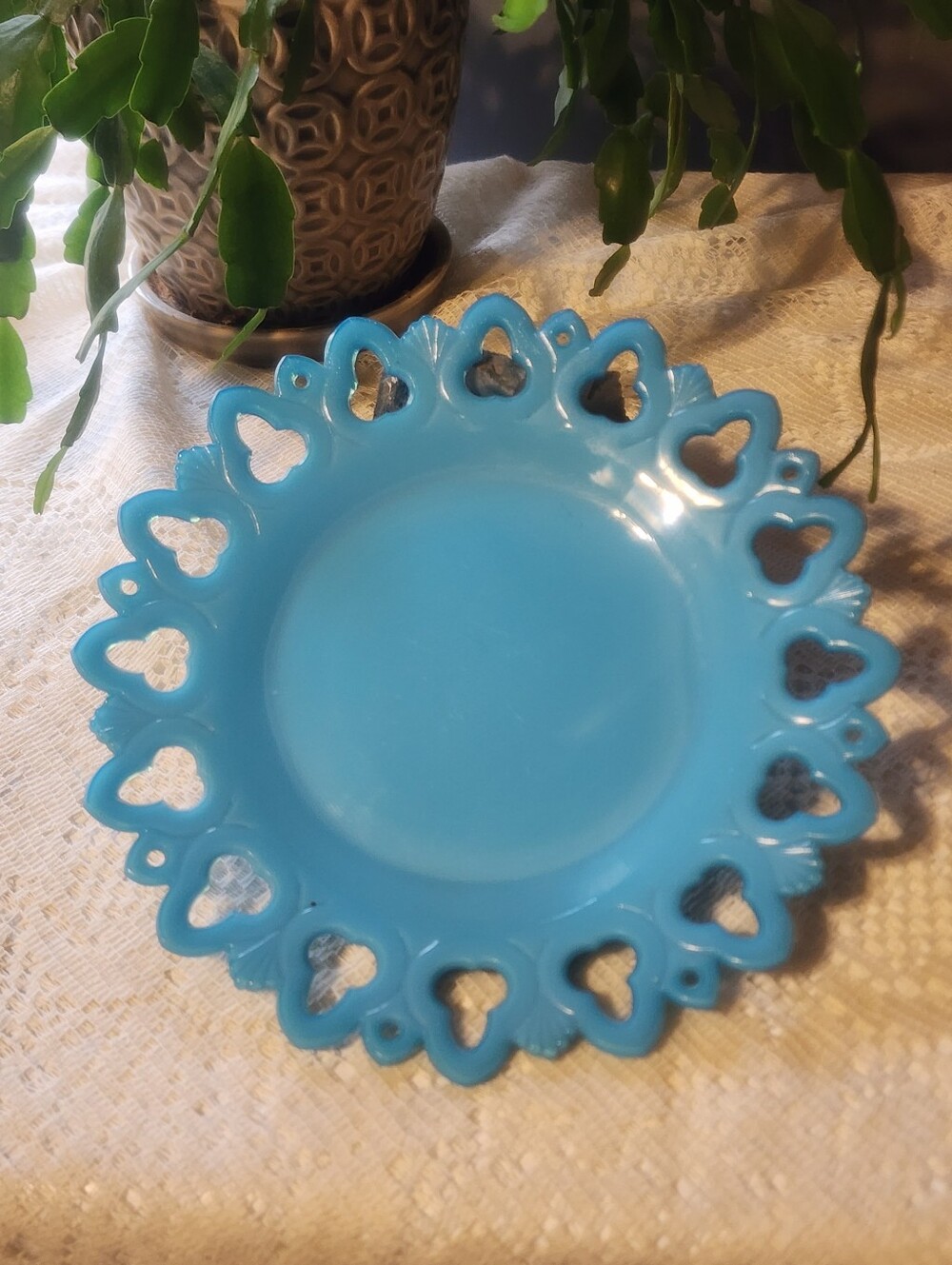 Vintage Blue Opaline Milk Glass Plate Open Lace Edge Club Shell 8.25"